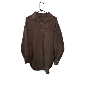 White Fox Brown Ribbed Corduroy Button-Up Shirt Shacket & Chest Pocket S/M S
